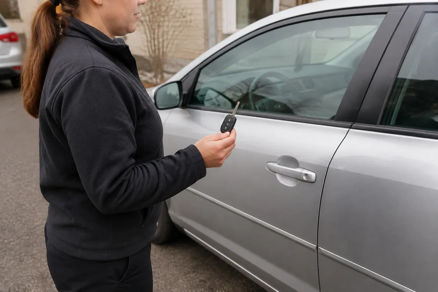 Technician holding a remote key with an extended blade beside a silver car. — Car Key Replacement, Toronto