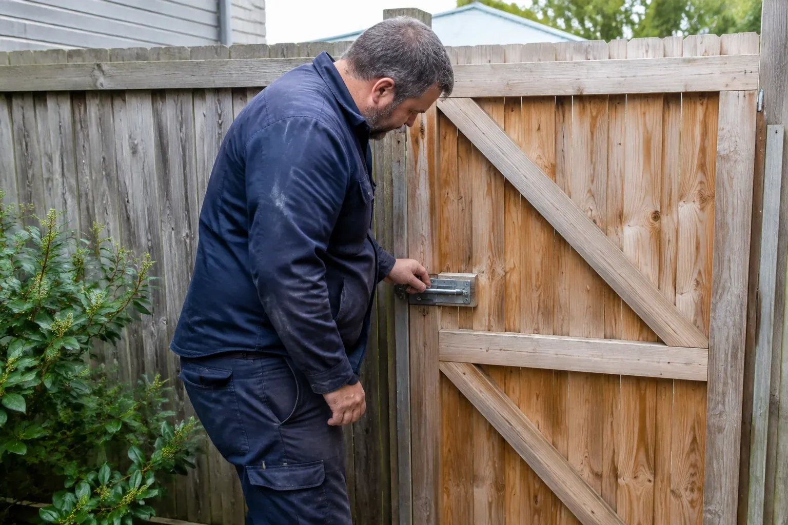 Person touching the sliding metal bolt on a wooden garden gate. — Gate & Building Entry Locks, Toronto